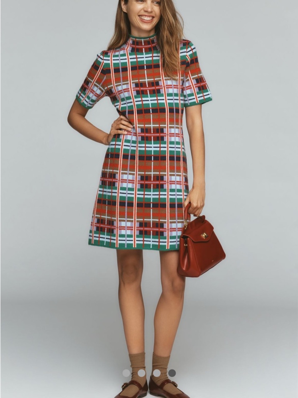 Nina mock neck Anthropologie Rust, Green and White Plaid Short-Sleeve Mini Dress